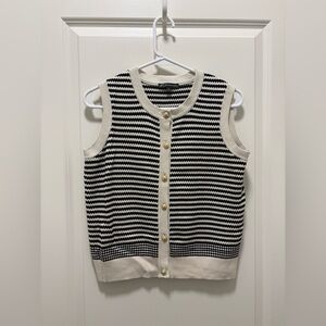 Adrianna Papell Black and Off-White/Beige Striped Cardigan Vest Size S